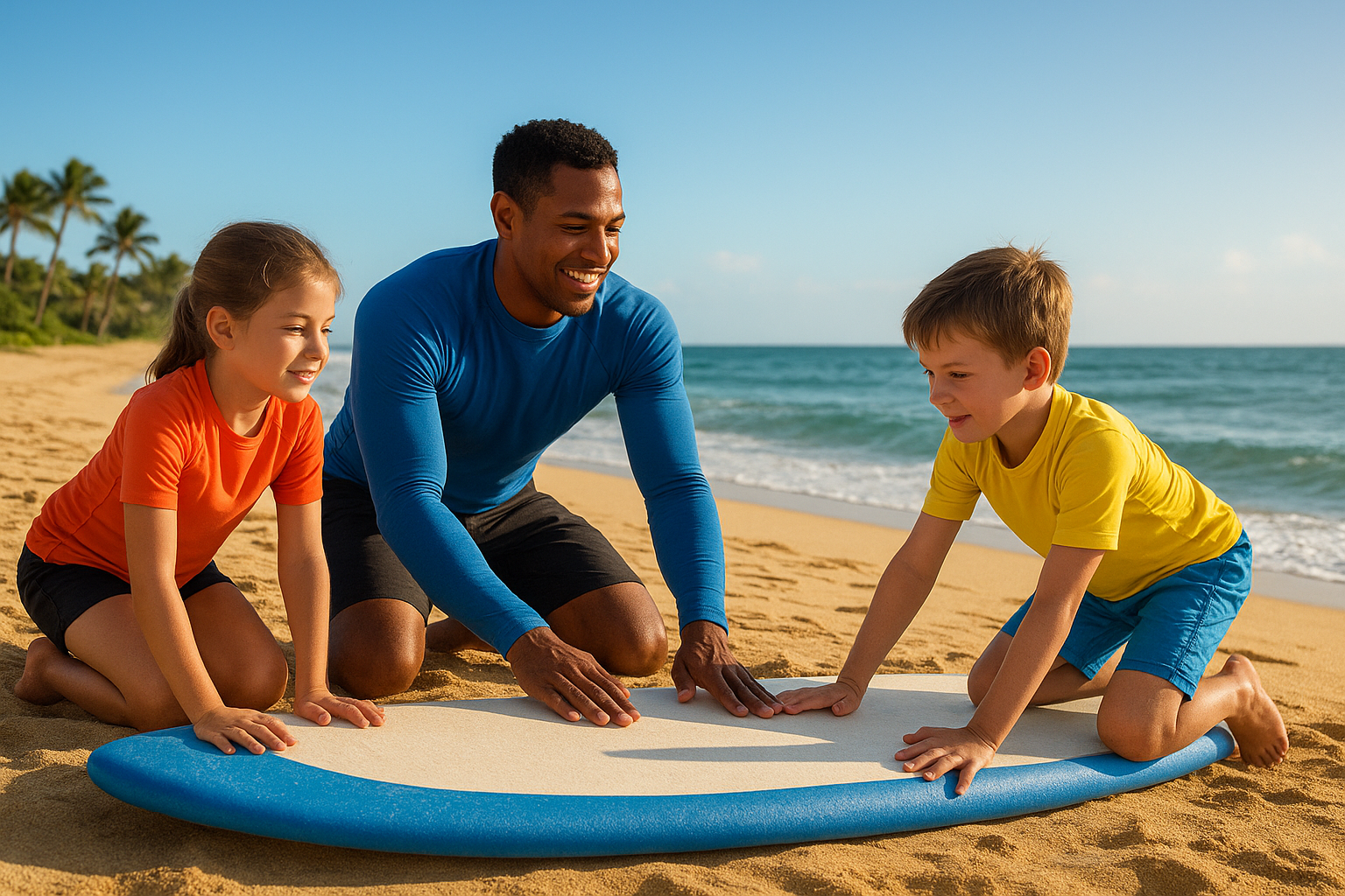 Surf instructor teaching children the pop-up technique on the sand before entering the ocean for a kids surf lesson