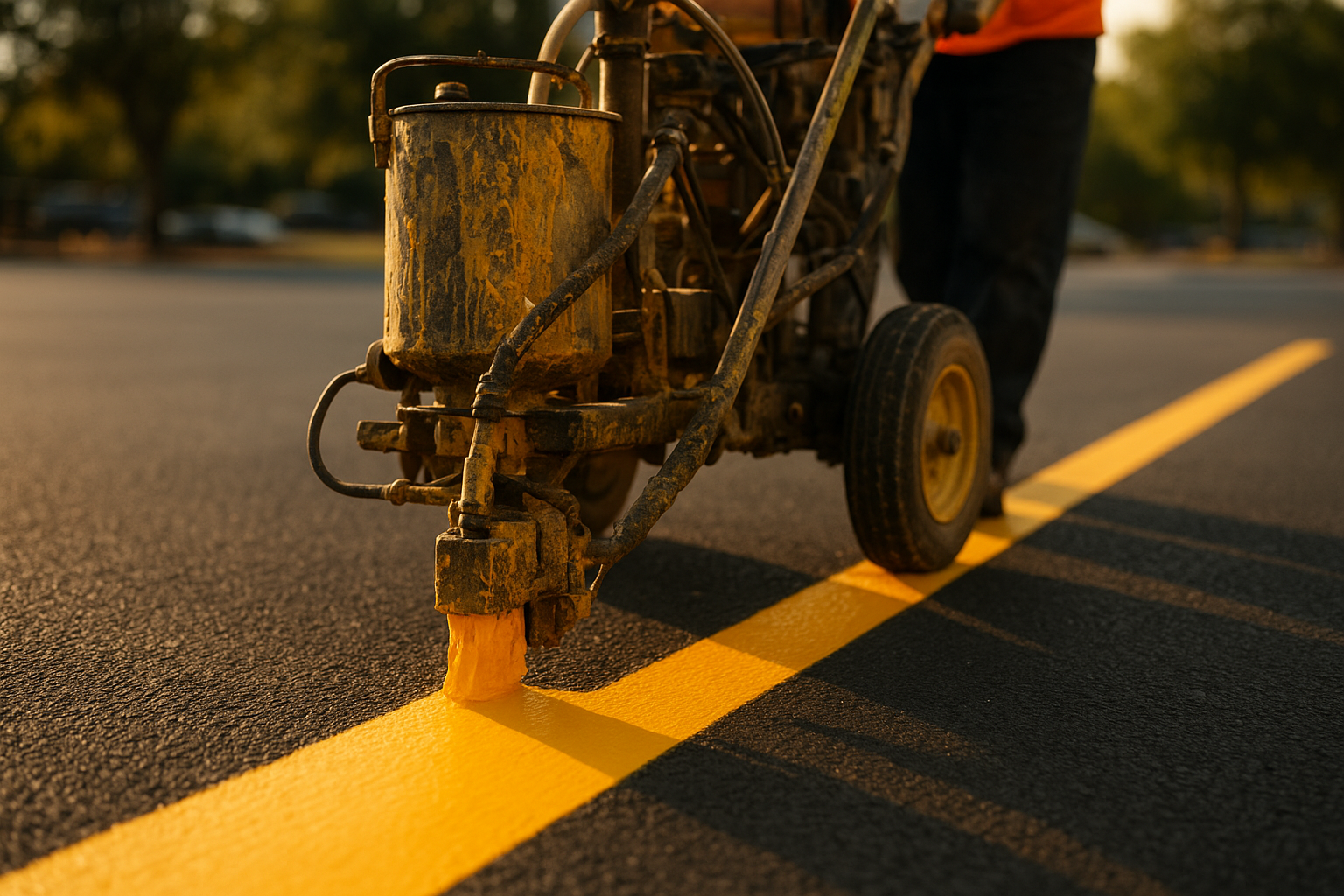 Parking lot striping machine applying traffic-grade paint during a professional line striping service