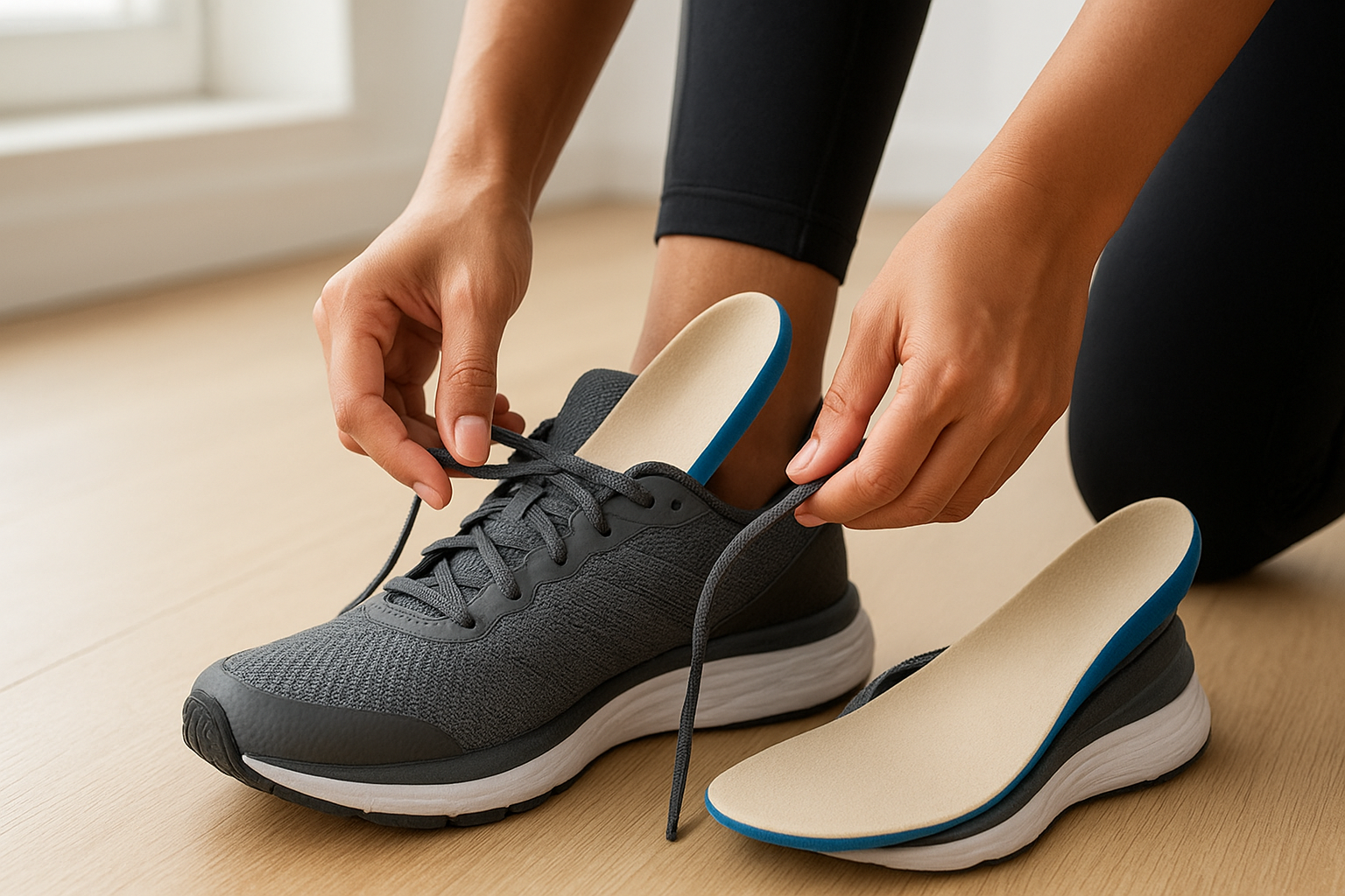 Person fitting custom orthotic insoles into supportive athletic shoes