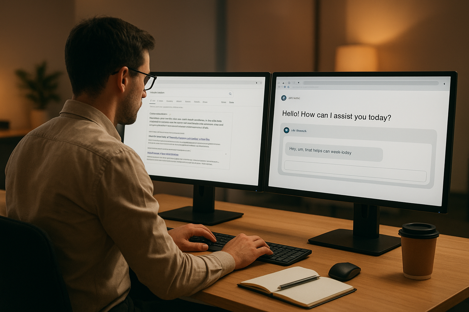 Marketer comparing answer engine optimization results with generative engine optimization AI responses on dual monitors
