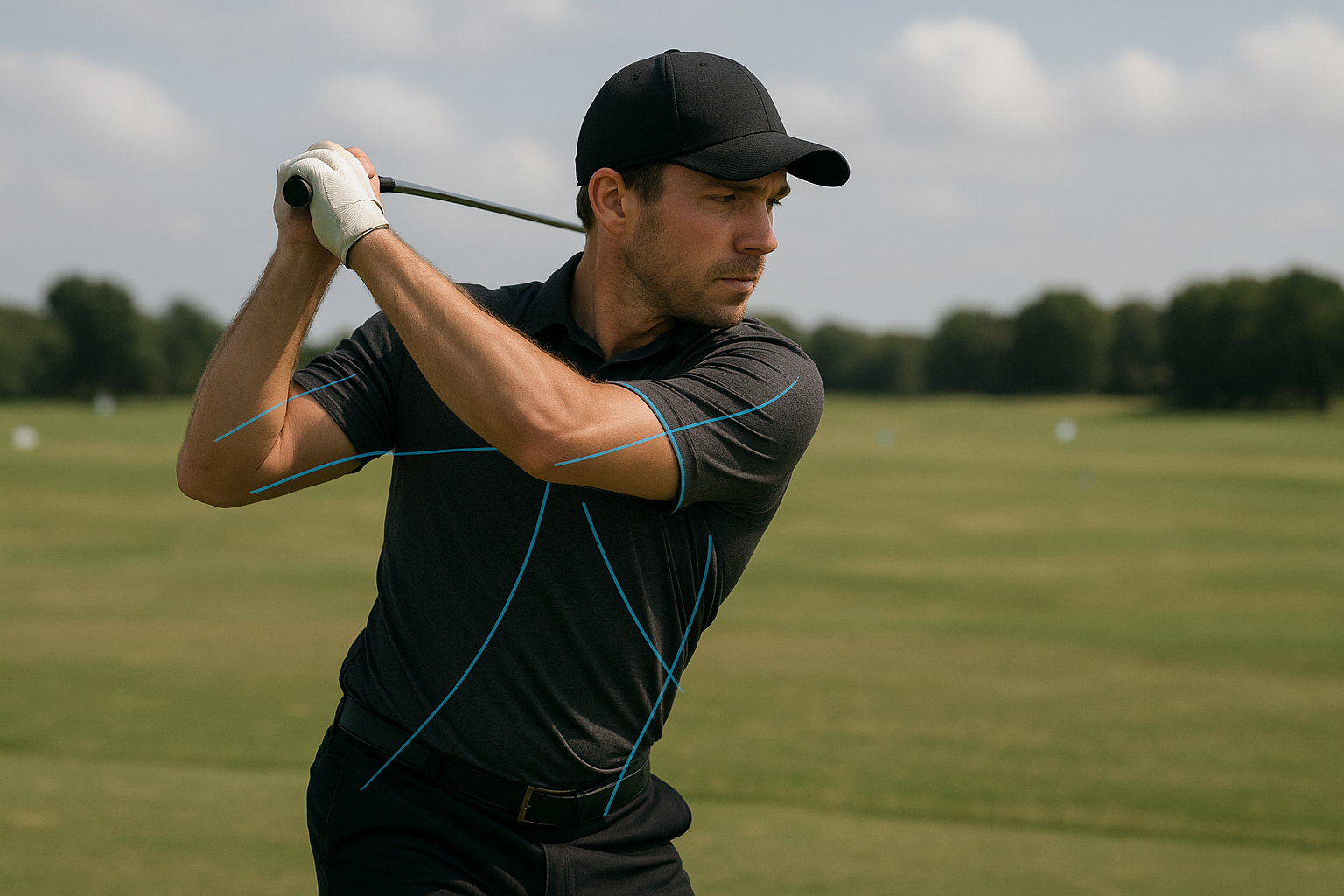 Golf performance assessment session showing swing motion analysis with biomechanical markers