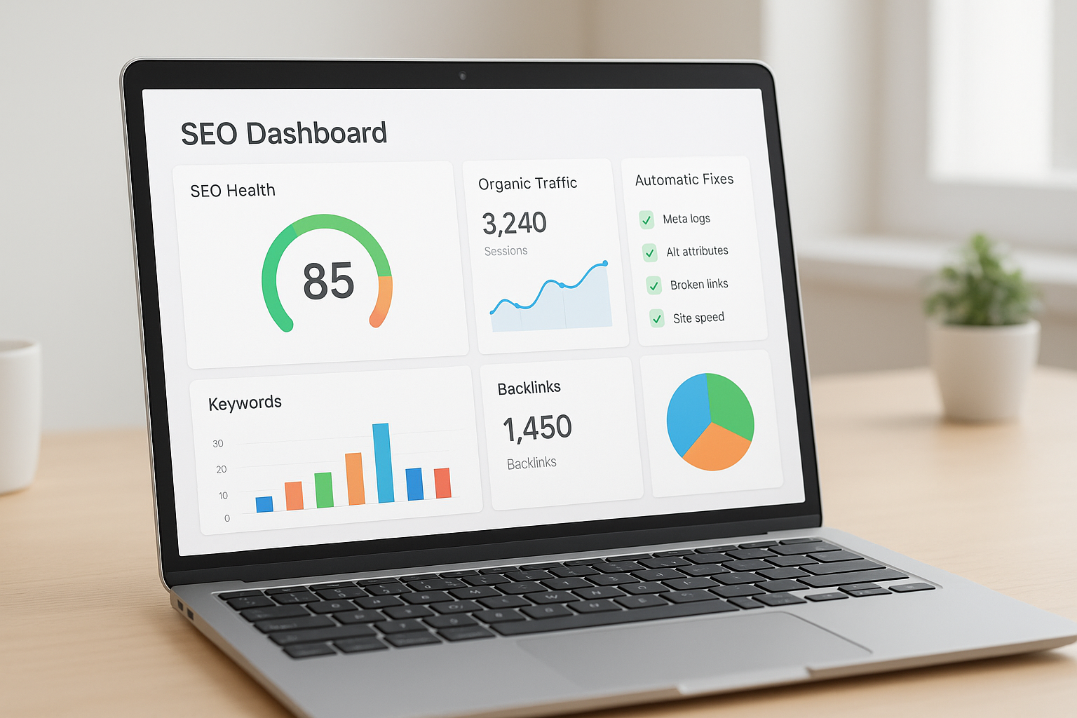 Dashboard showing WordPress SEO automation metrics and site health checks