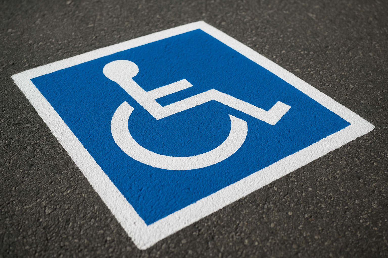 ADA compliant accessible parking symbol freshly striped on pavement