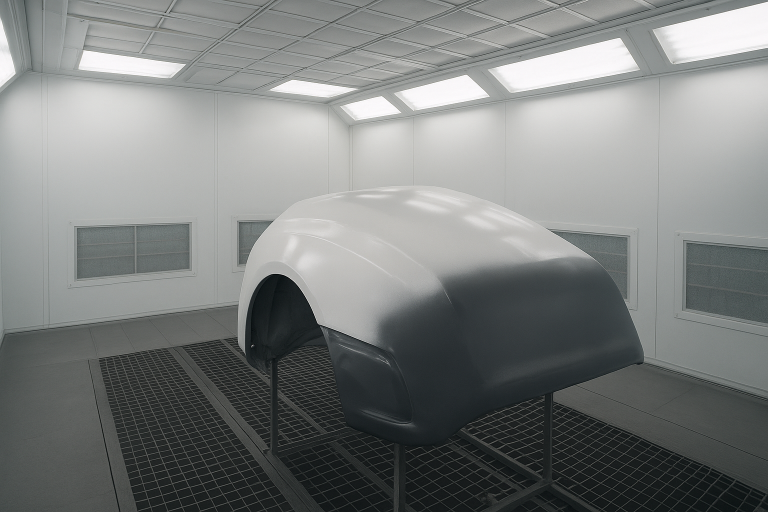 Technician performing automotive paint booth services Brea CA inside a filtered spray booth