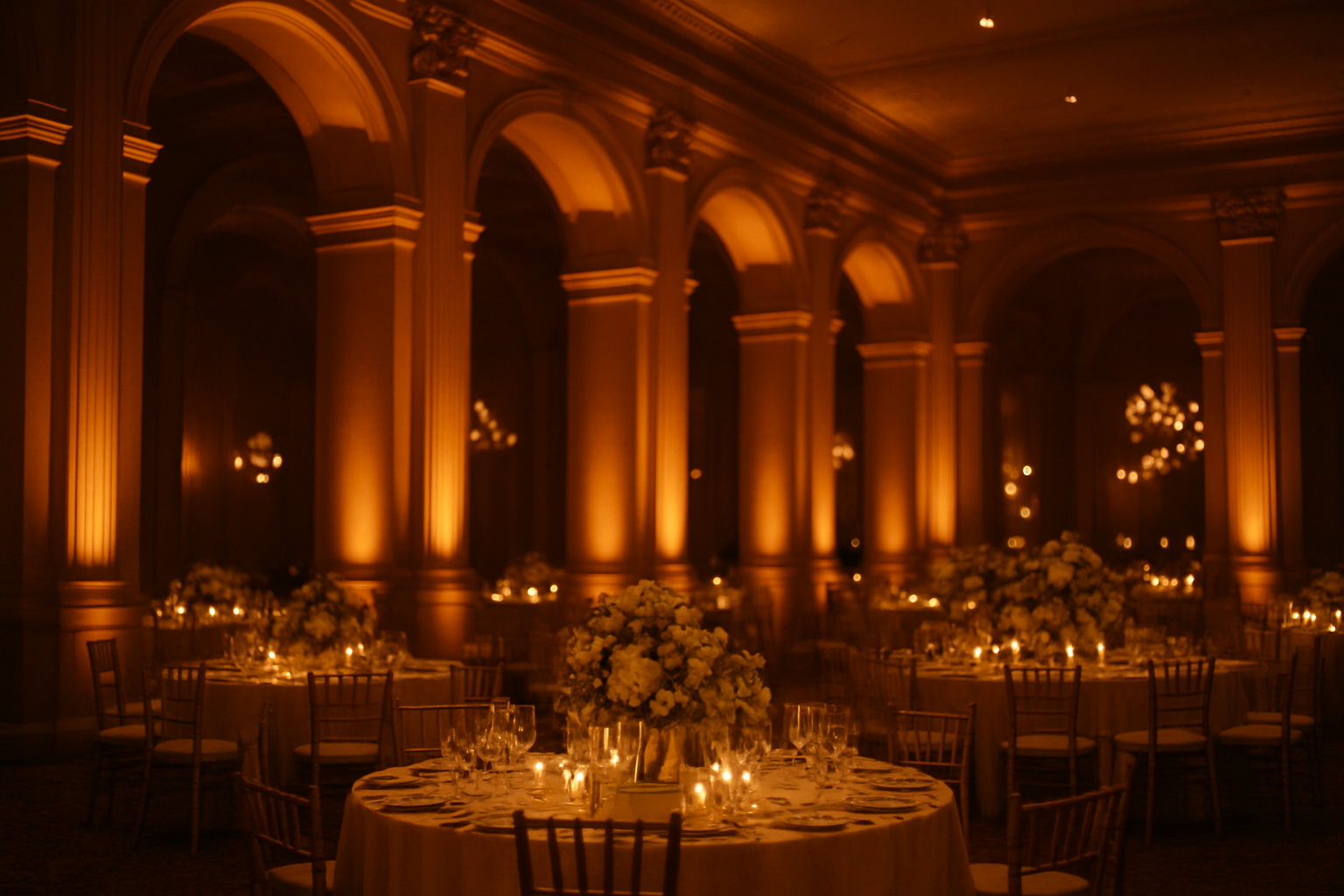 Warm amber uplighting demonstrating professional event lighting services in an elegant ballroom