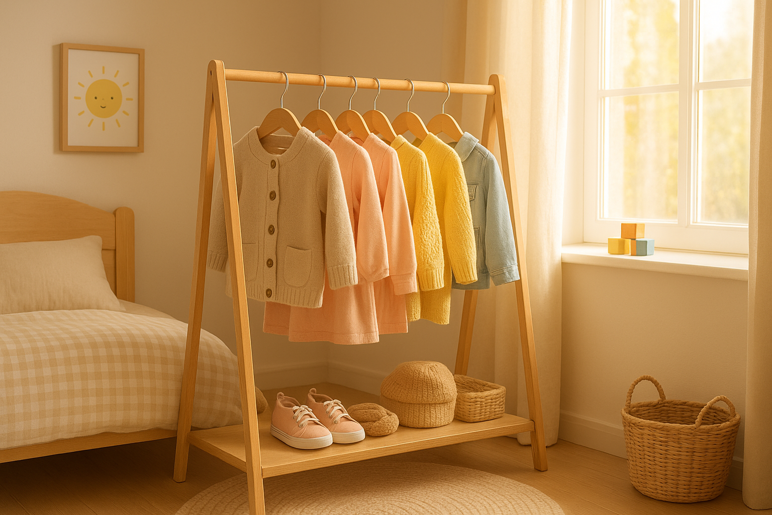 Rack of rotating seasonal children's clothing from a kids fashion subscription