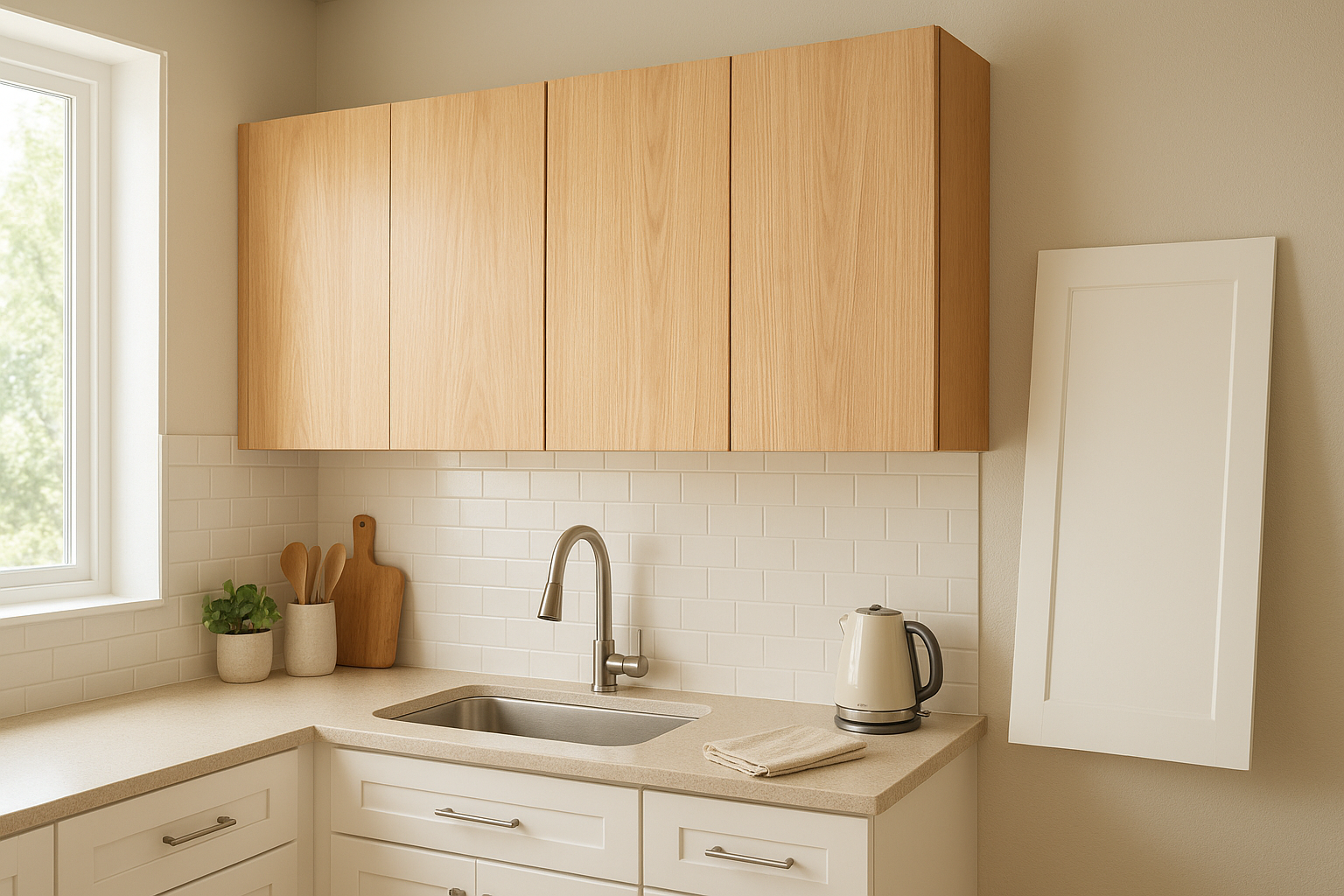 Upper cabinet refacing in progress showing new veneer panels installed on kitchen wall cabinets