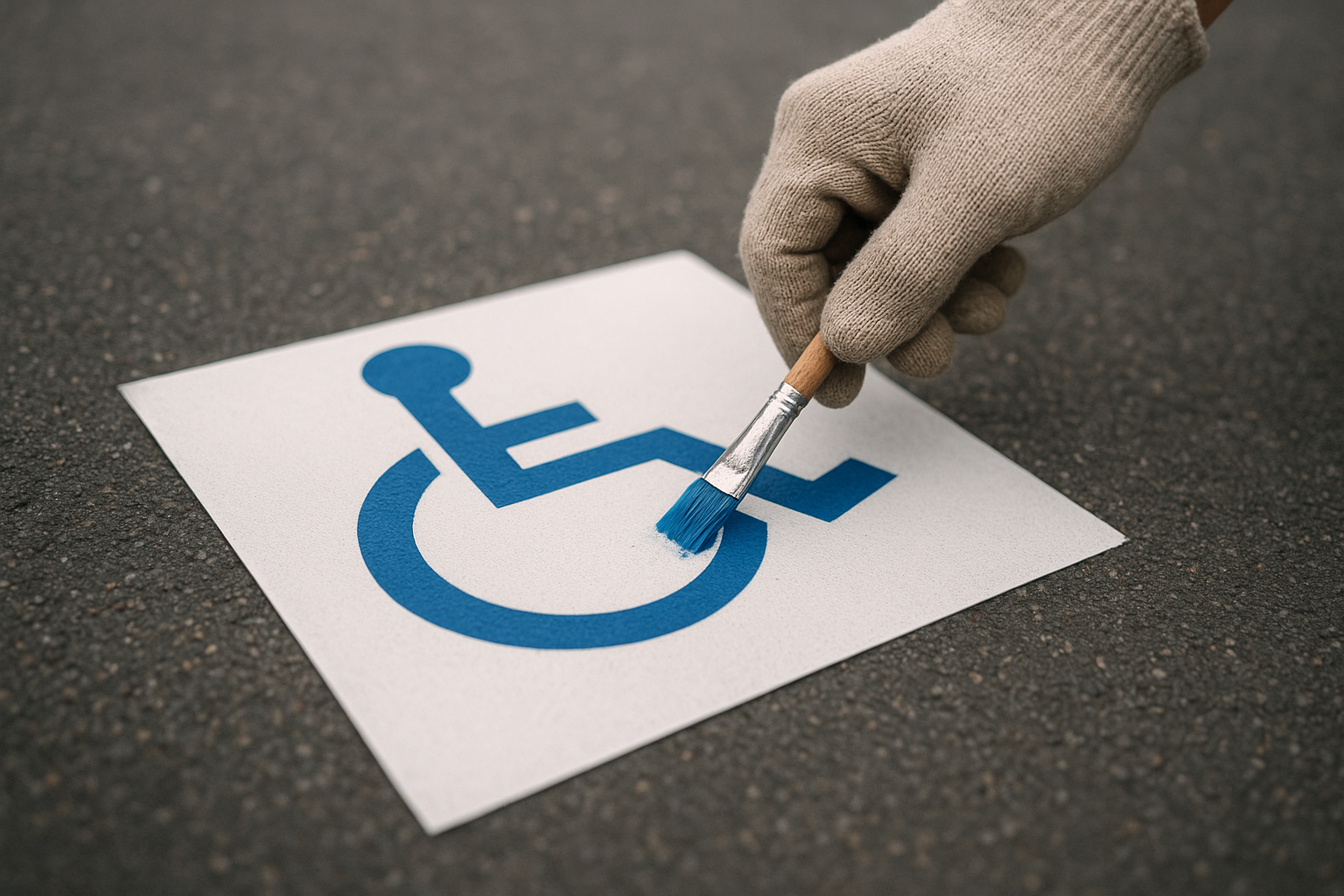 Worker stenciling an ADA accessible parking symbol onto asphalt pavement