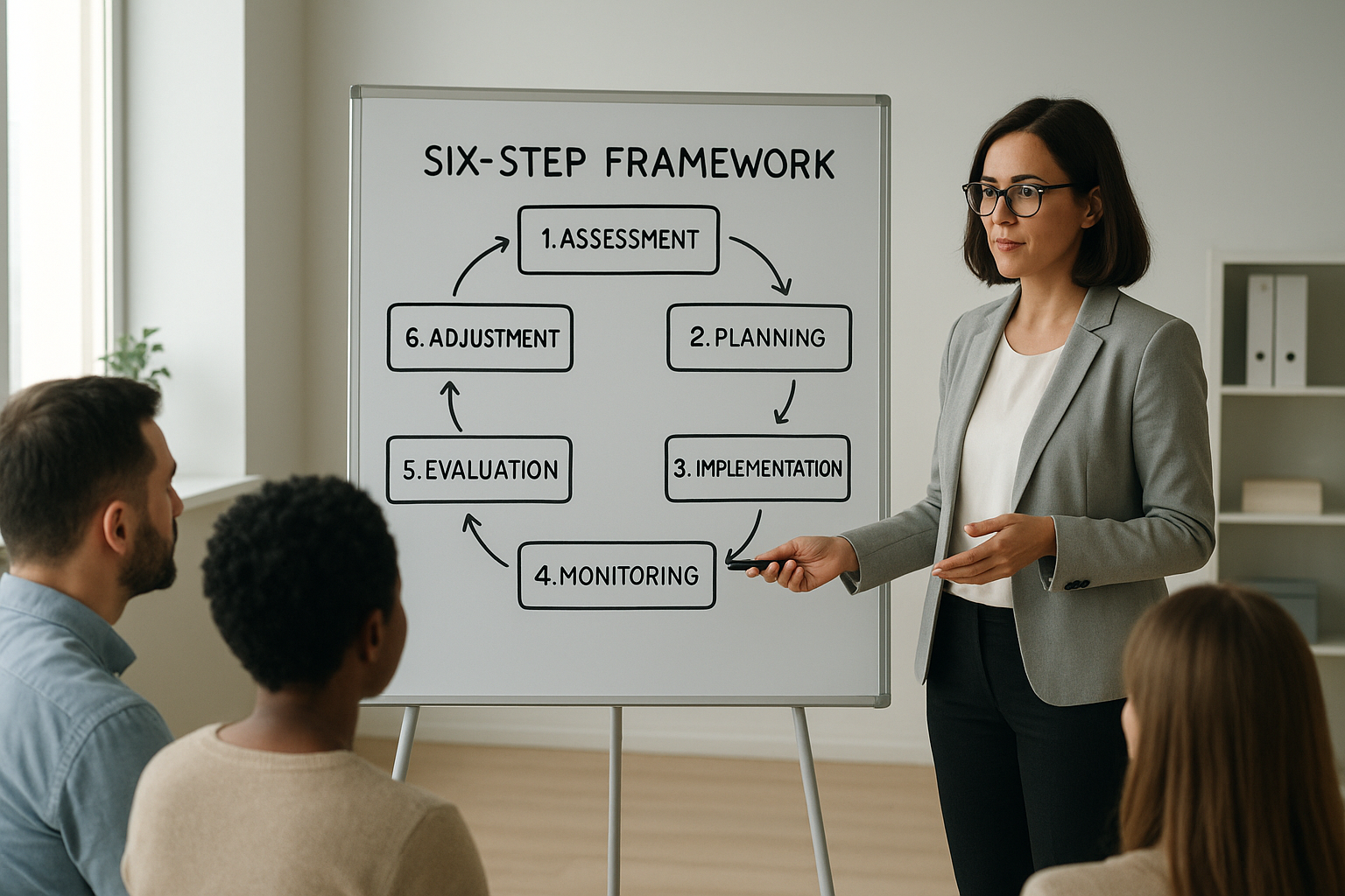 Healthcare leader explaining a six-pillar human-centered AI framework on a whiteboard