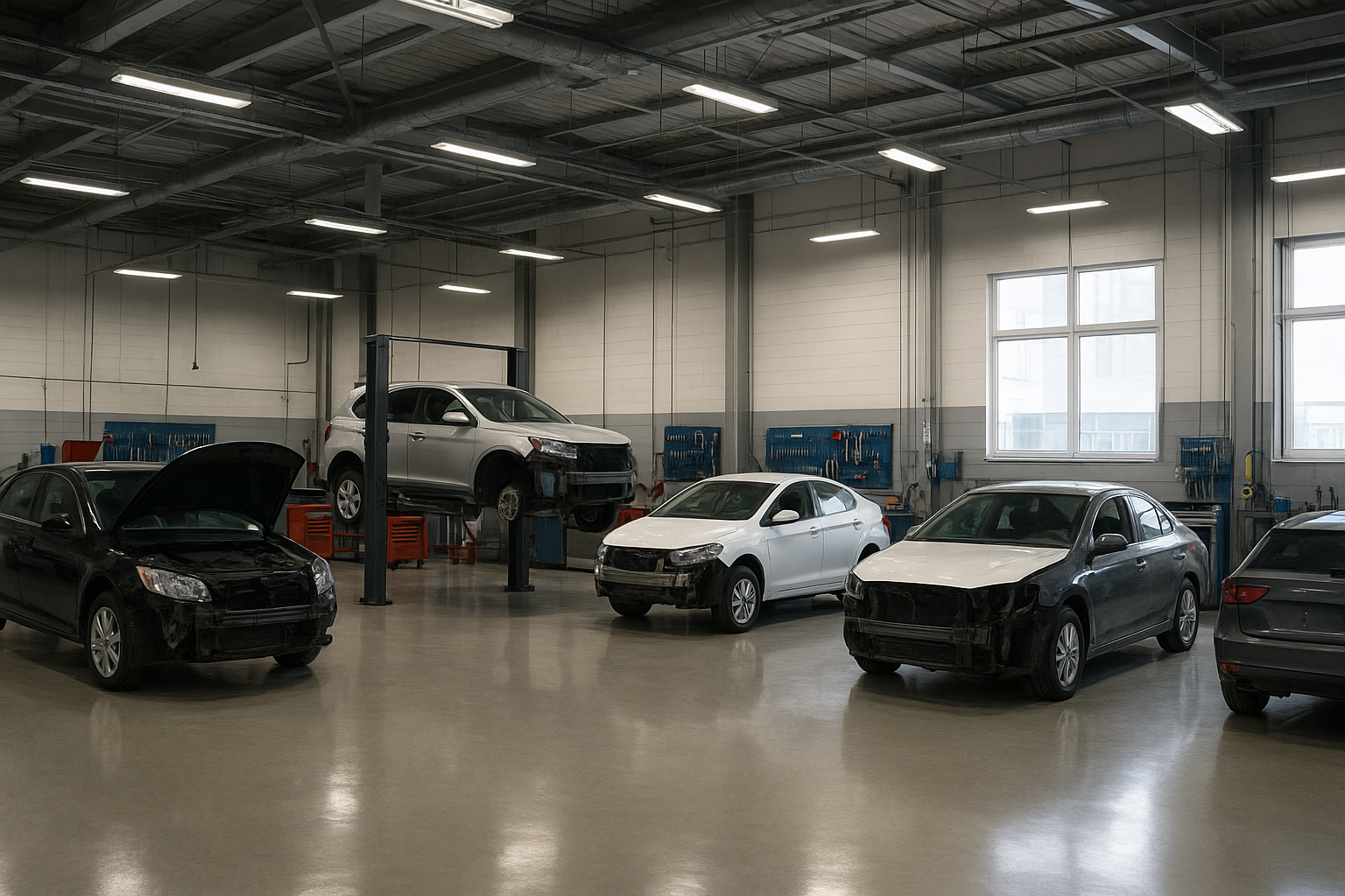 Interior of a professional auto body repair shop with vehicles being restored under bright overhead lighting
