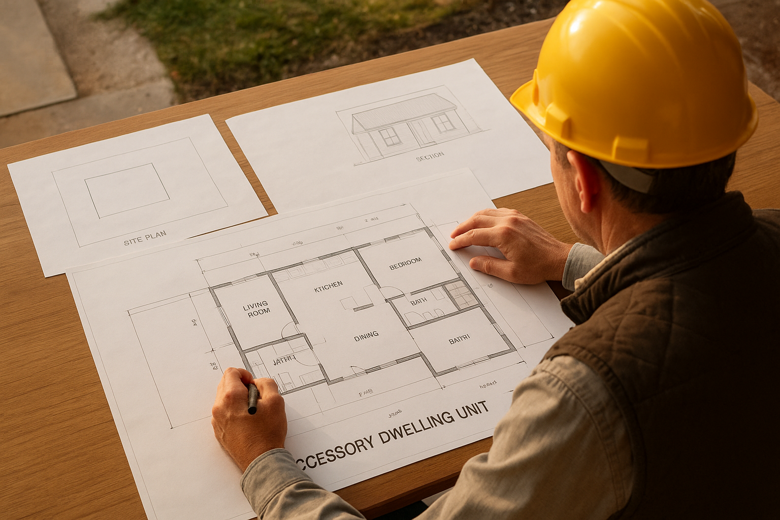 ADU contractor reviewing blueprints and plans for a Southern California accessory dwelling unit project