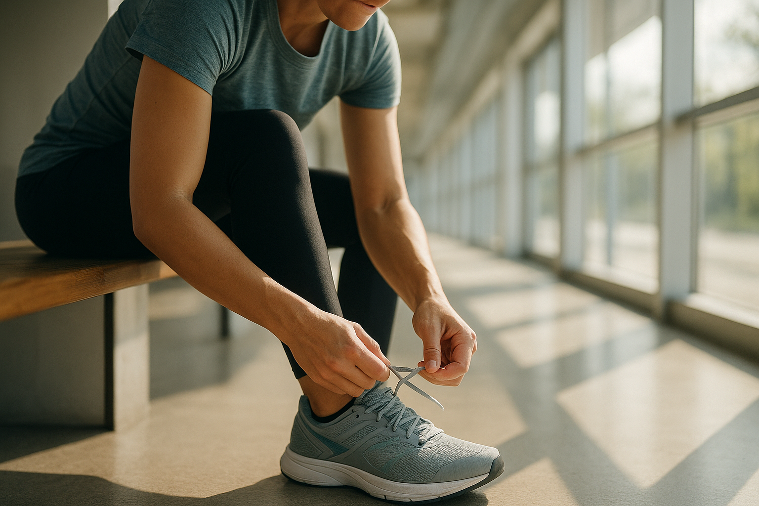 Person putting on supportive shoes to help prevent foot fatigue