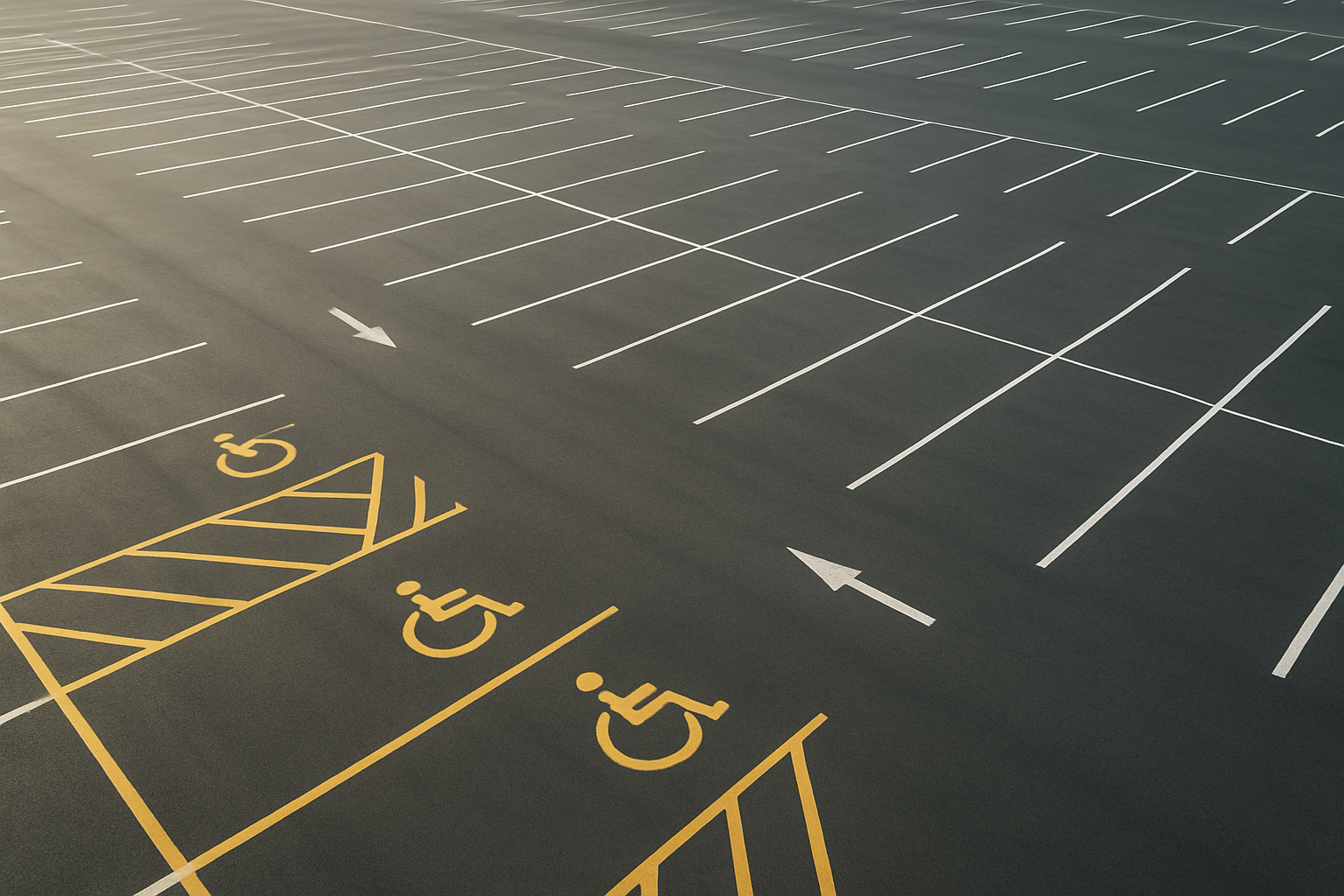 Commercial parking lot marking with fresh white stall lines and ADA symbols