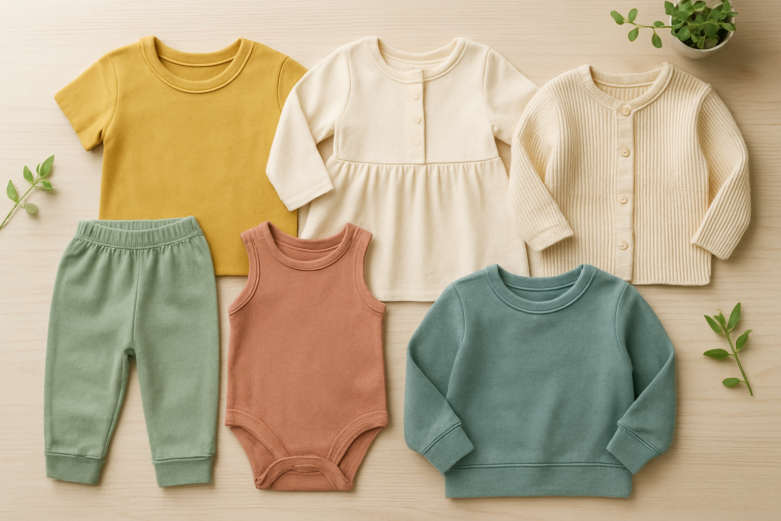 Sustainable kids clothing flat-lay featuring organic cotton garments in soft natural tones