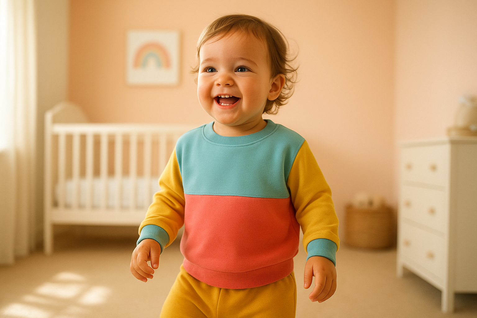 Toddler wearing stylish clothing for toddlers in a bright pastel nursery