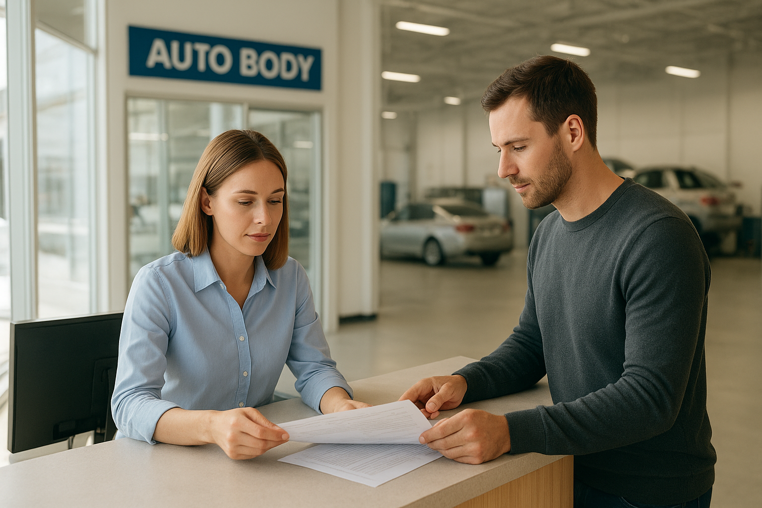Advisor reviewing auto repair insurance claims Brea paperwork with a customer