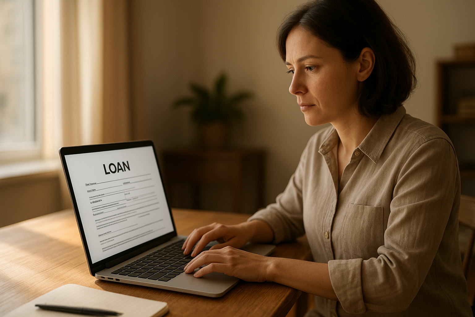 Small business owner reviewing same day business loans paperwork on a laptop