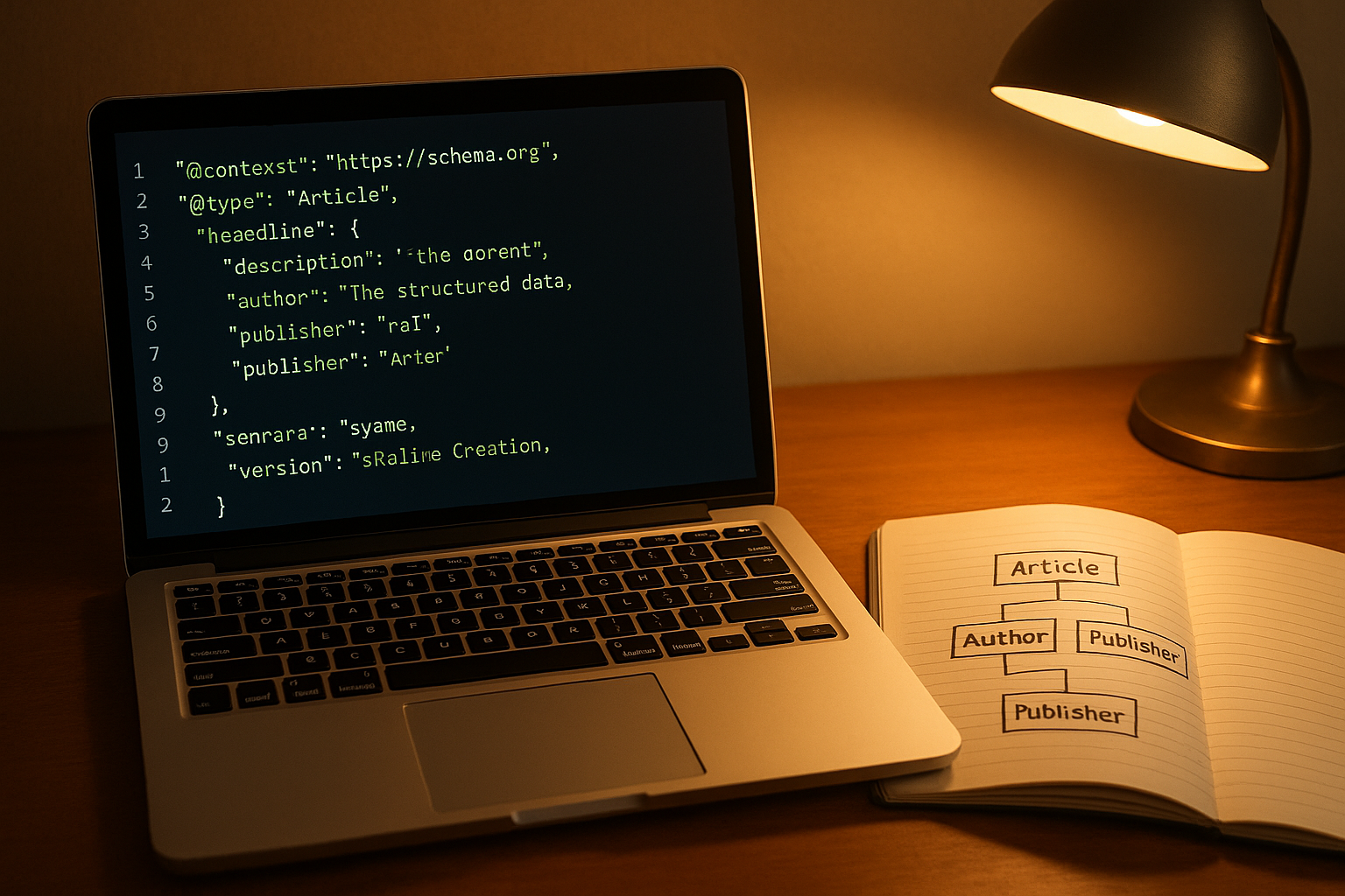 JSON-LD schema markup code on a laptop screen for structured data implementation in AEO