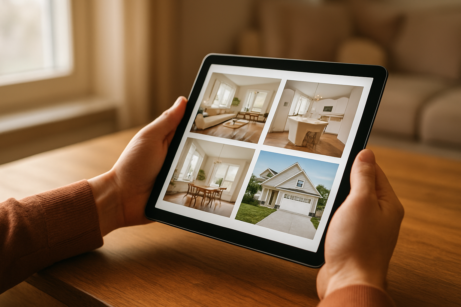 Person reviewing property listings on a tablet while researching homes to buy