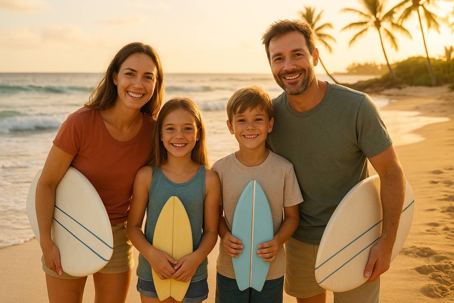 Family preparing for beginner-friendly surf lessons on a tropical beach