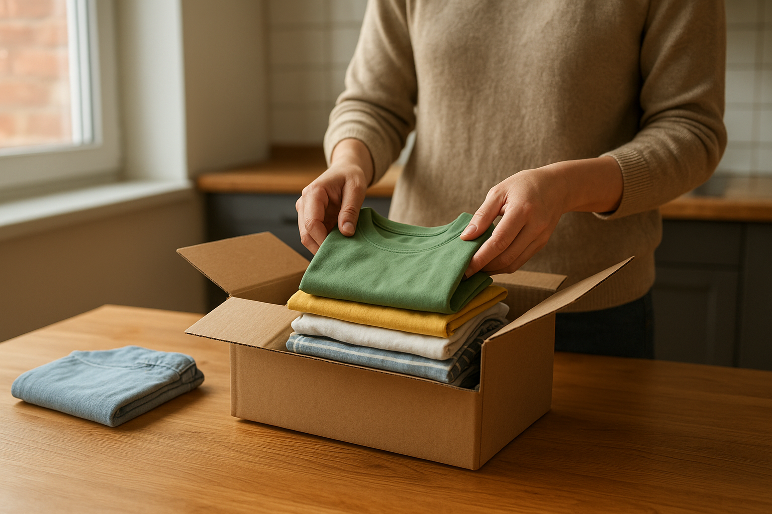 Parent packing a return shipment for a children's clothing rental swap
