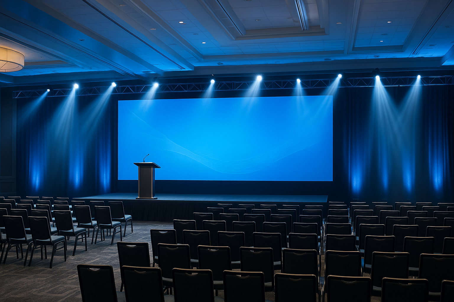 Professional audio visual services for corporate events with LED screen and stage lighting at a conference