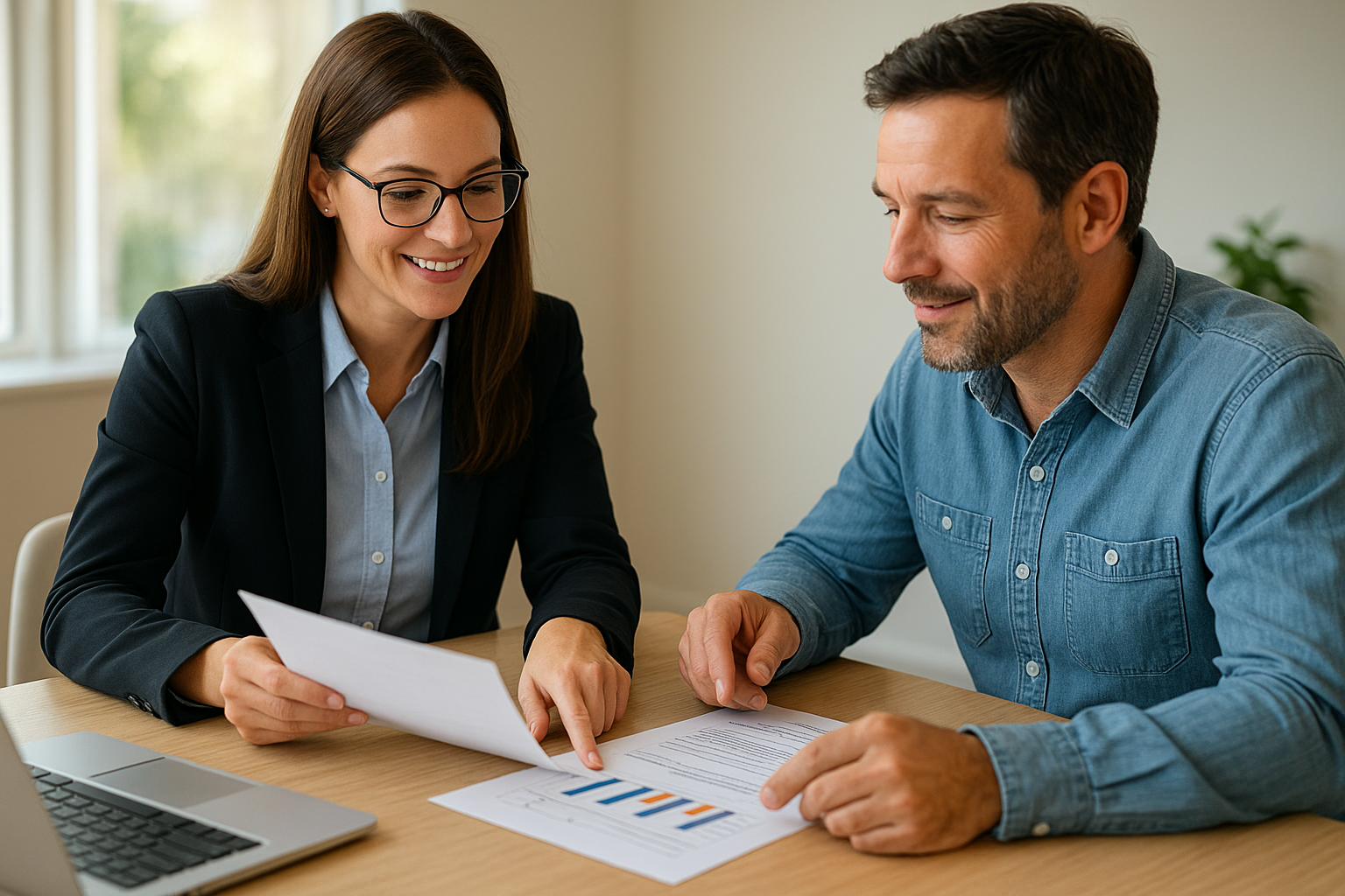HR consultant providing human resources support to a small business owner in a modern office