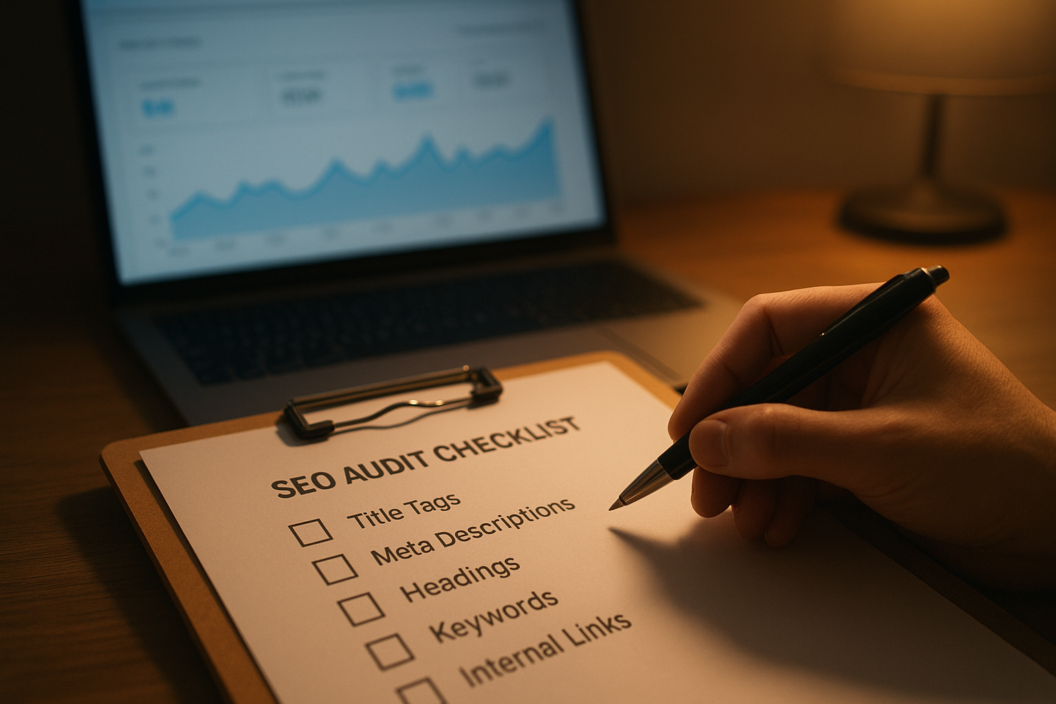 A printed SEO audit checklist on a clipboard beside an open laptop showing website analytics