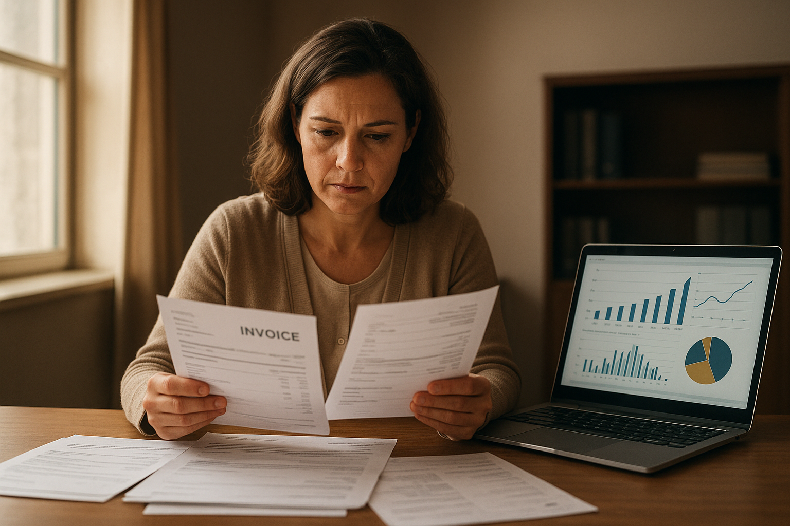 Business owner reviewing invoice financing solutions on a laptop in a small office