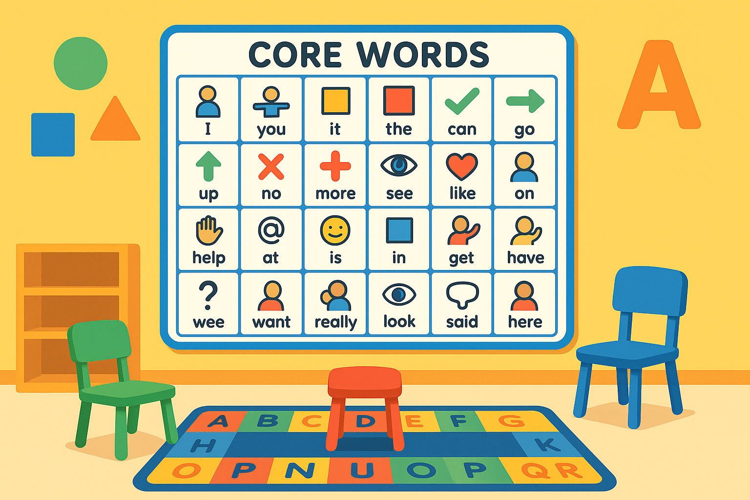 Classroom core word board used to support core vocabulary modeling activities throughout the school day