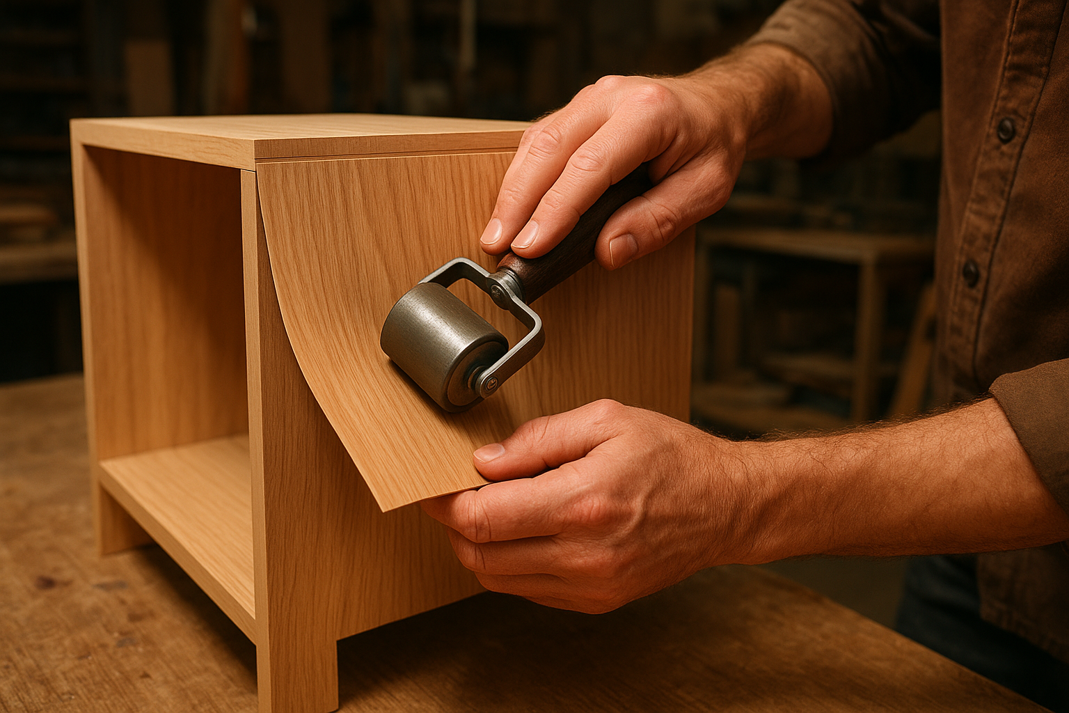 Craftsman applying veneer during a lower cabinet refacing project