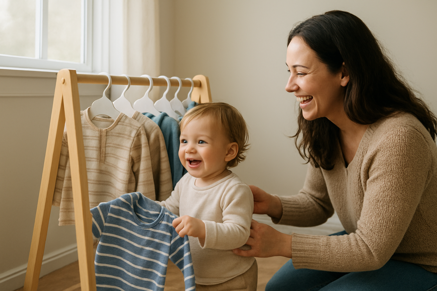Parent and toddler choosing outfits from a curated children's wardrobe rental selection