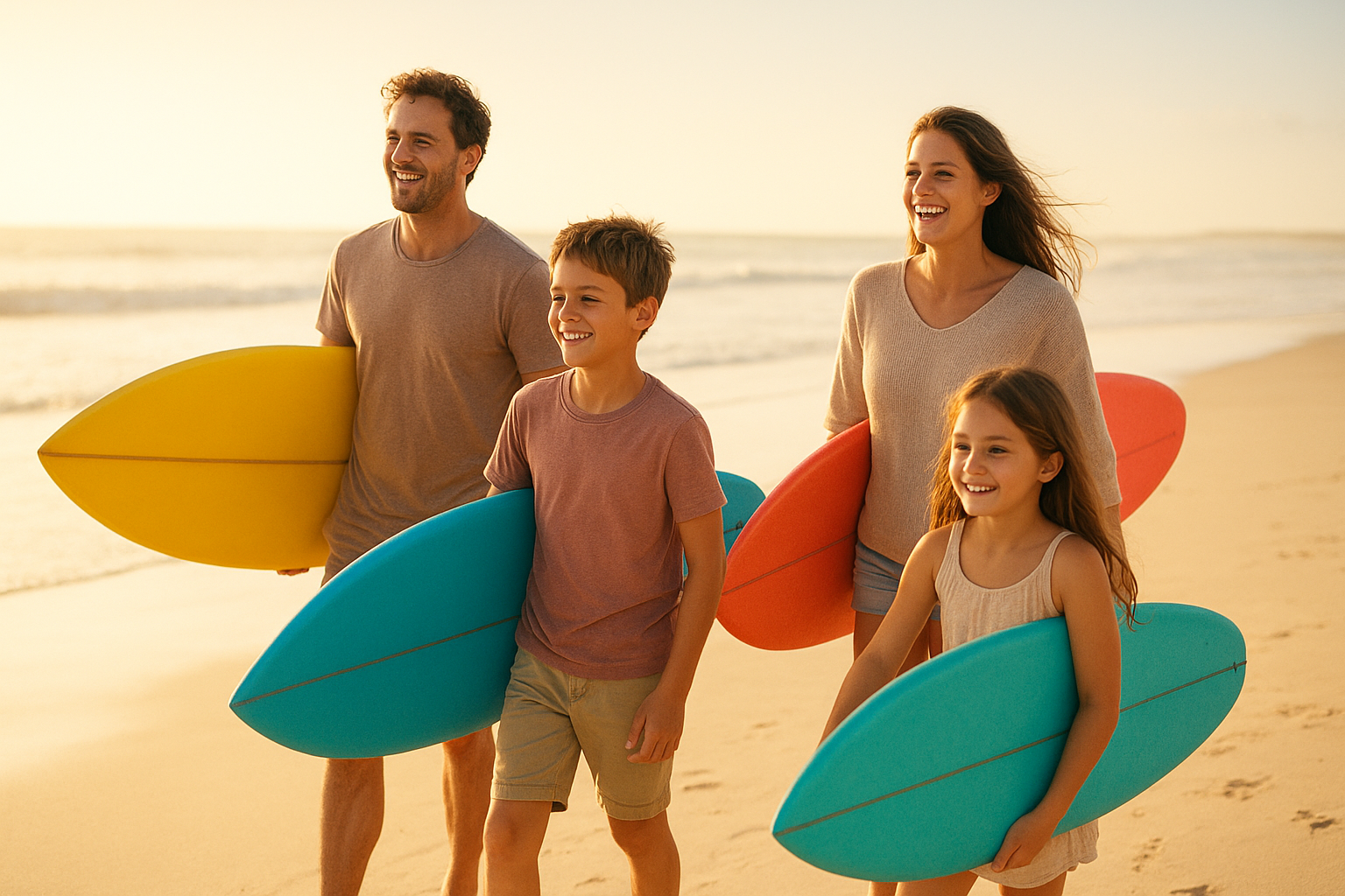 Parents and children carrying surfboards together during a beginner surf lesson