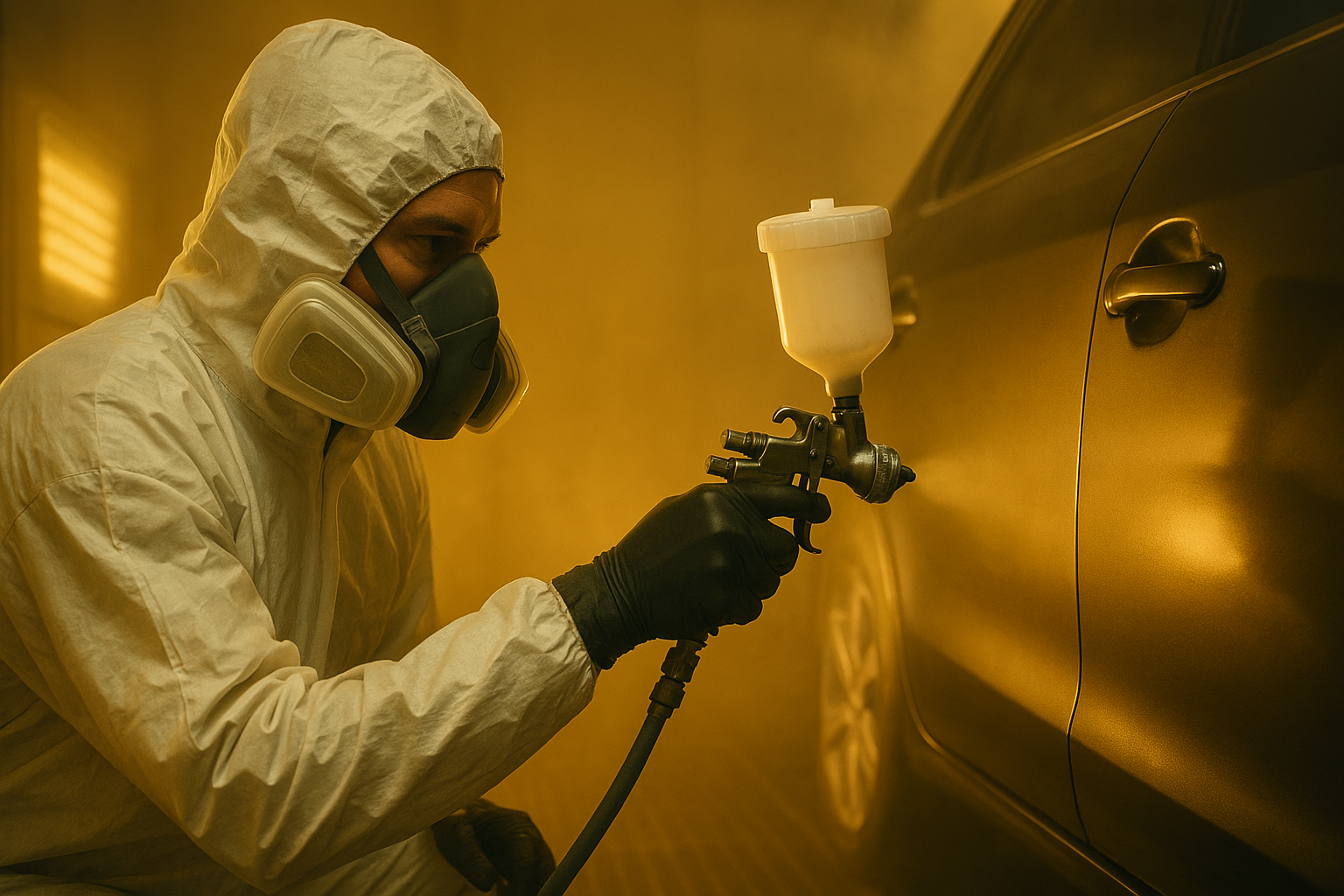 Auto body inc painter applying precision paint match to a vehicle door panel in a professional spray booth