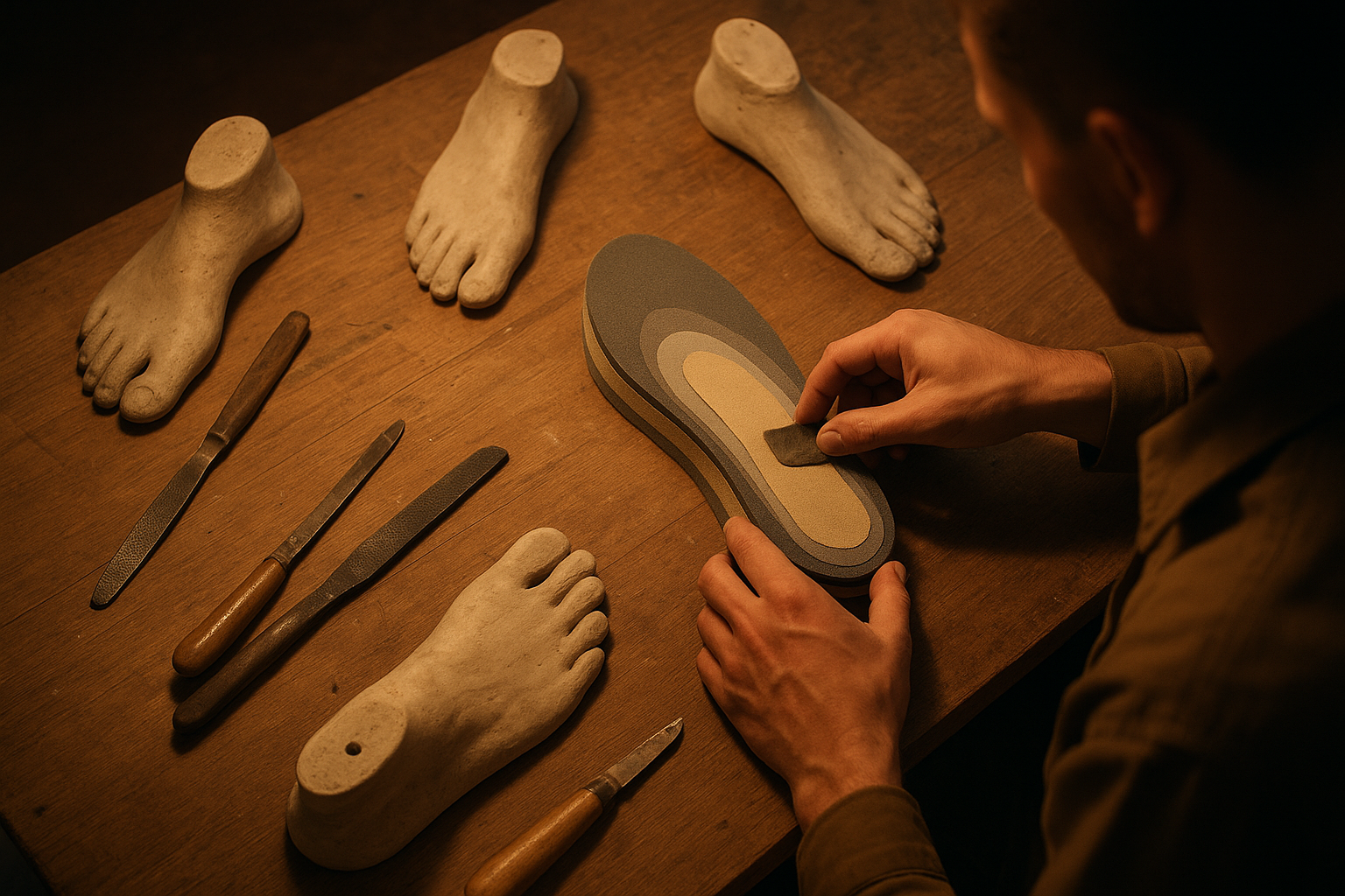 Lab technician hand-crafting custom orthopedic insoles from a foot mold