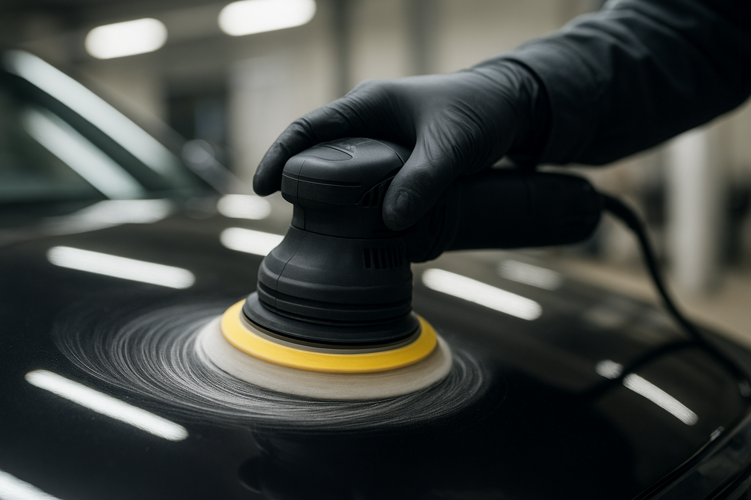 Technician using an orbital polisher to remove oxidized clear coat during paint correction