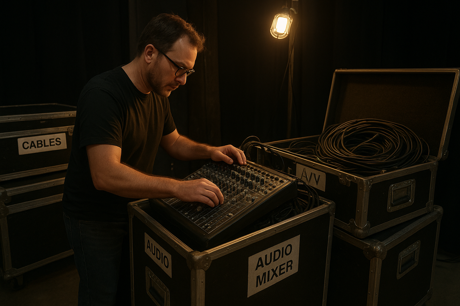 AV technician checking backup equipment for temporary AV setups stored in road cases backstage