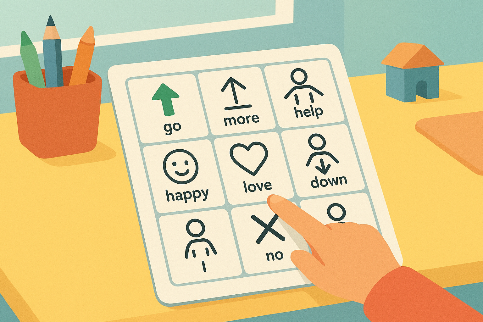 Child pointing to a core word symbol on an AAC communication board during a guided activity
