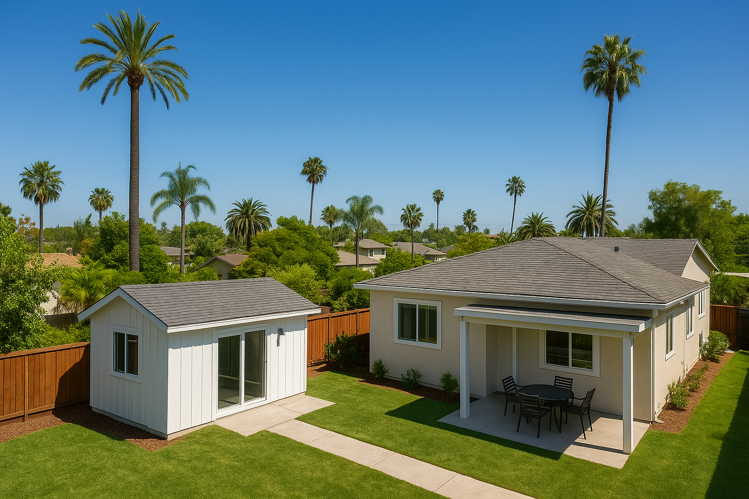 Aerial view of a detached prefab ADU installed as a backyard rental unit in Southern California
