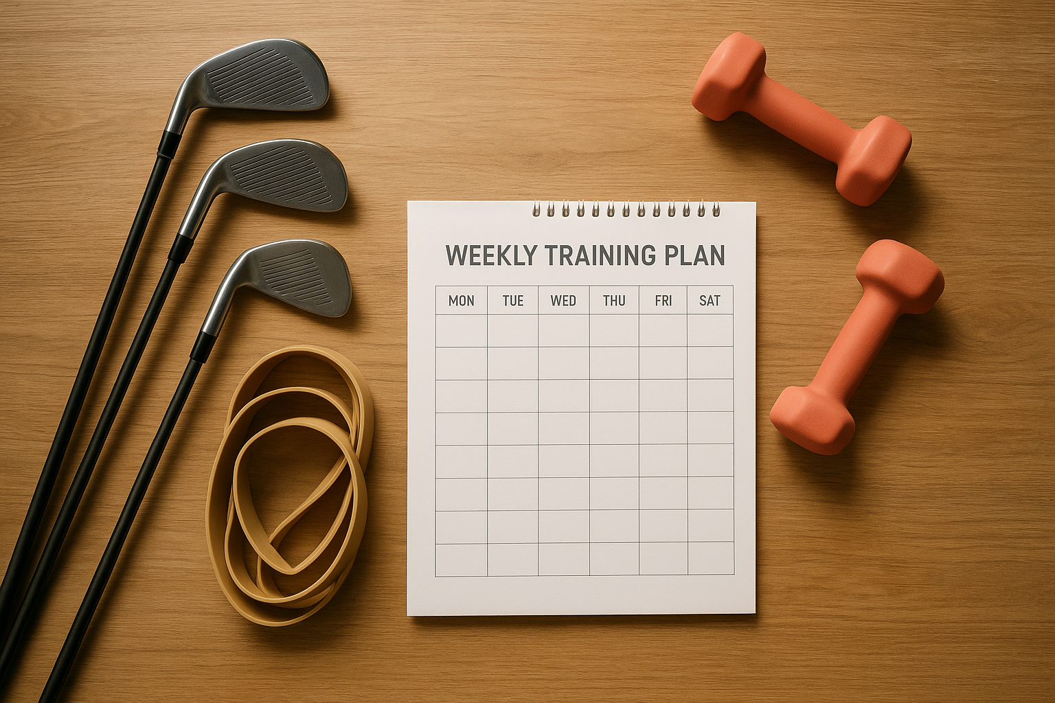 Flat lay of golf clubs, dumbbells, and a weekly training planner