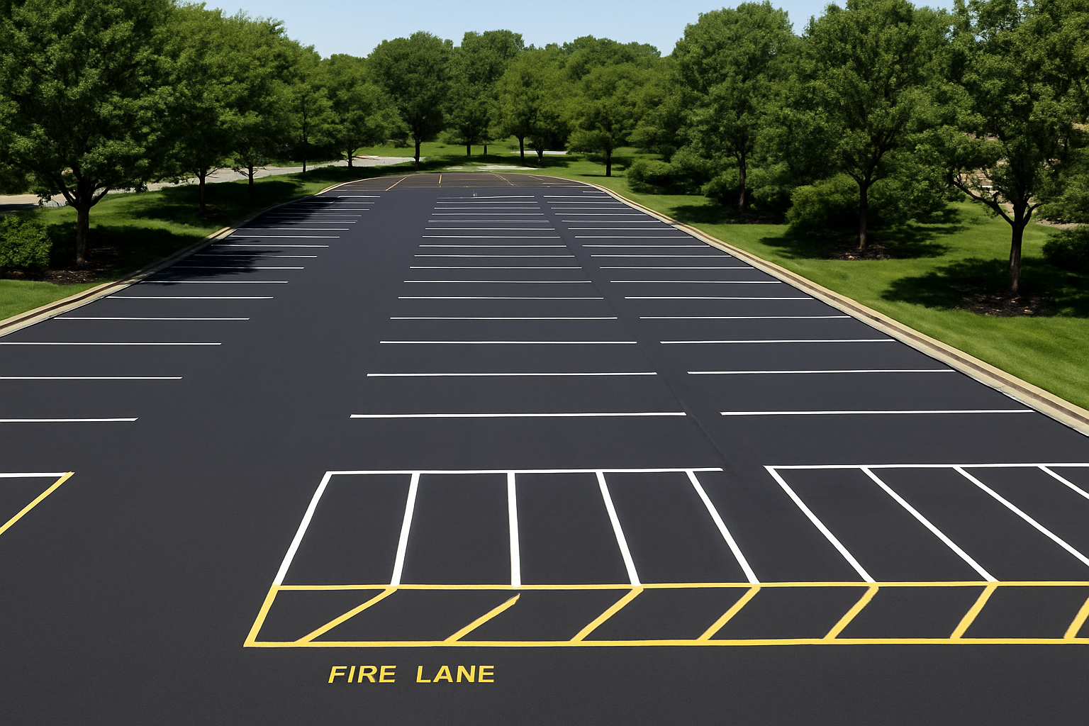 Aerial view of woodland striping services applied to a commercial parking lot with white stall lines and yellow fire lane markings