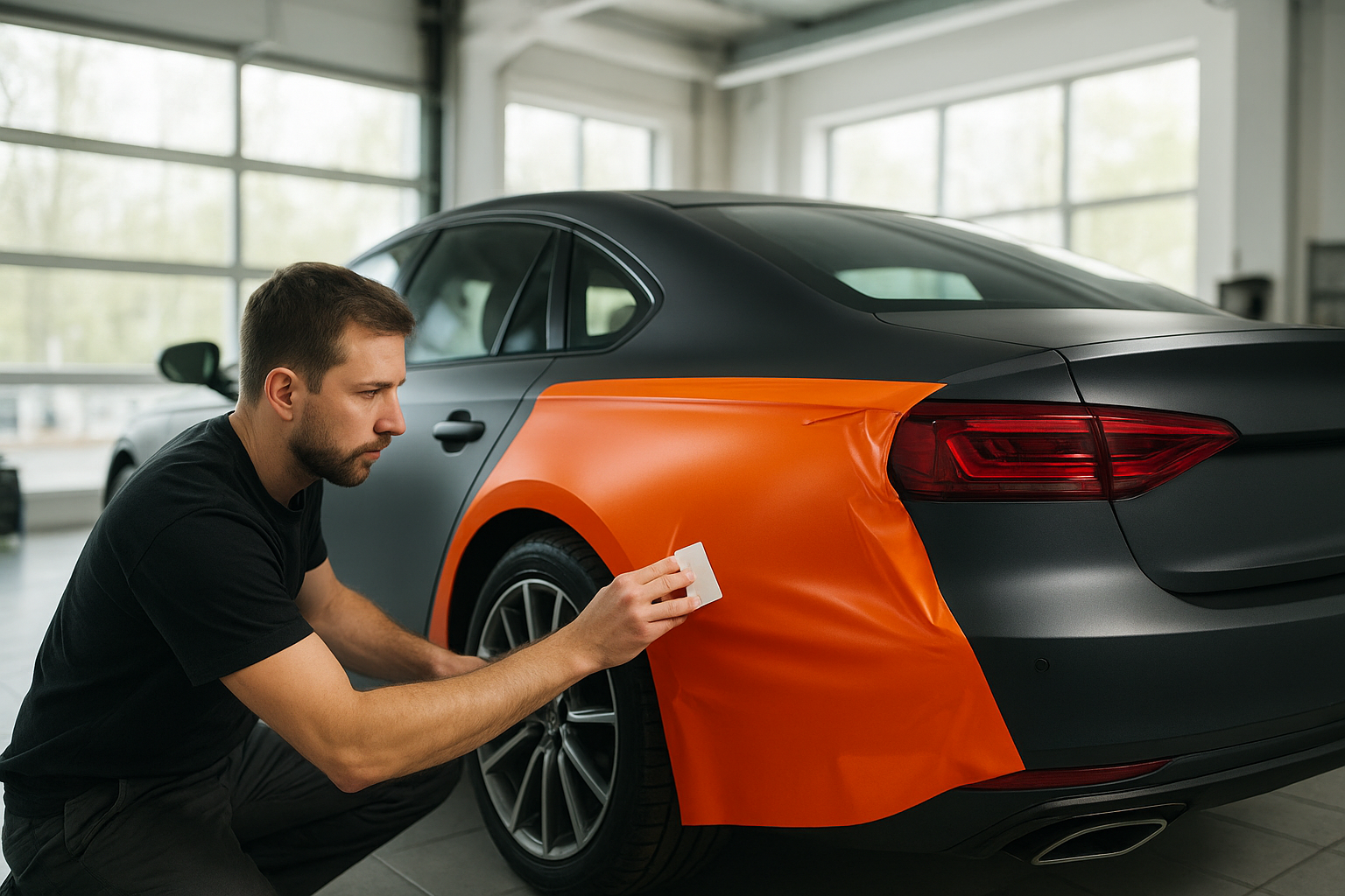 Auto wrap Orange County installer applying vinyl film to a car hood