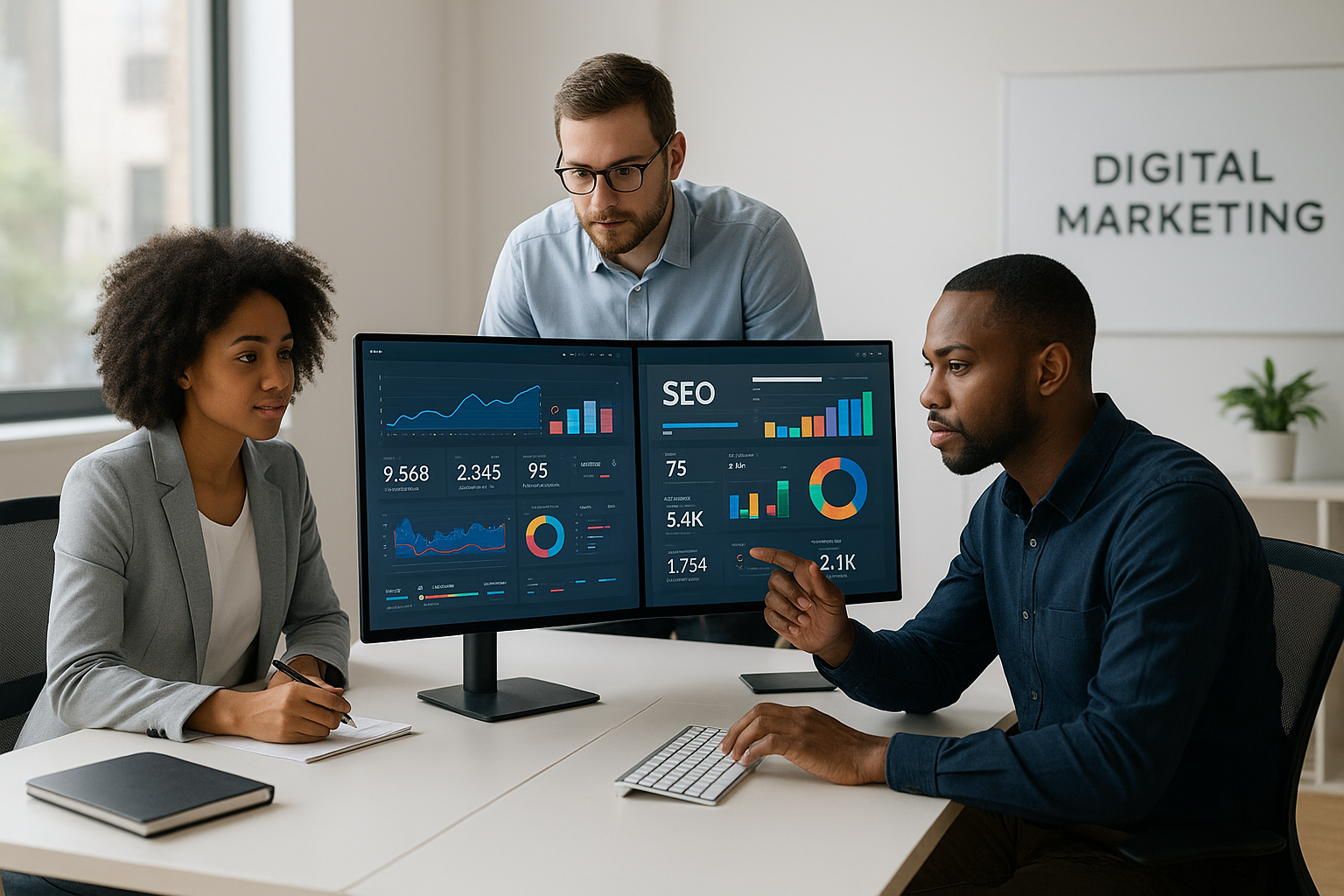 Agency team analyzing SEO insights for agencies on dashboard screens