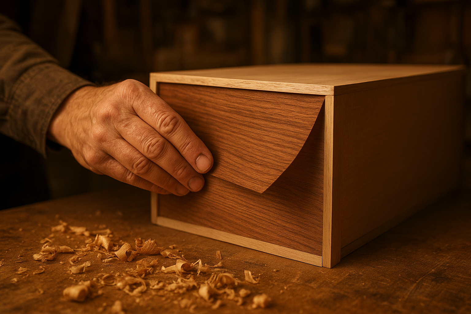Craftsman applying wood veneer during a cabinet refacing installation