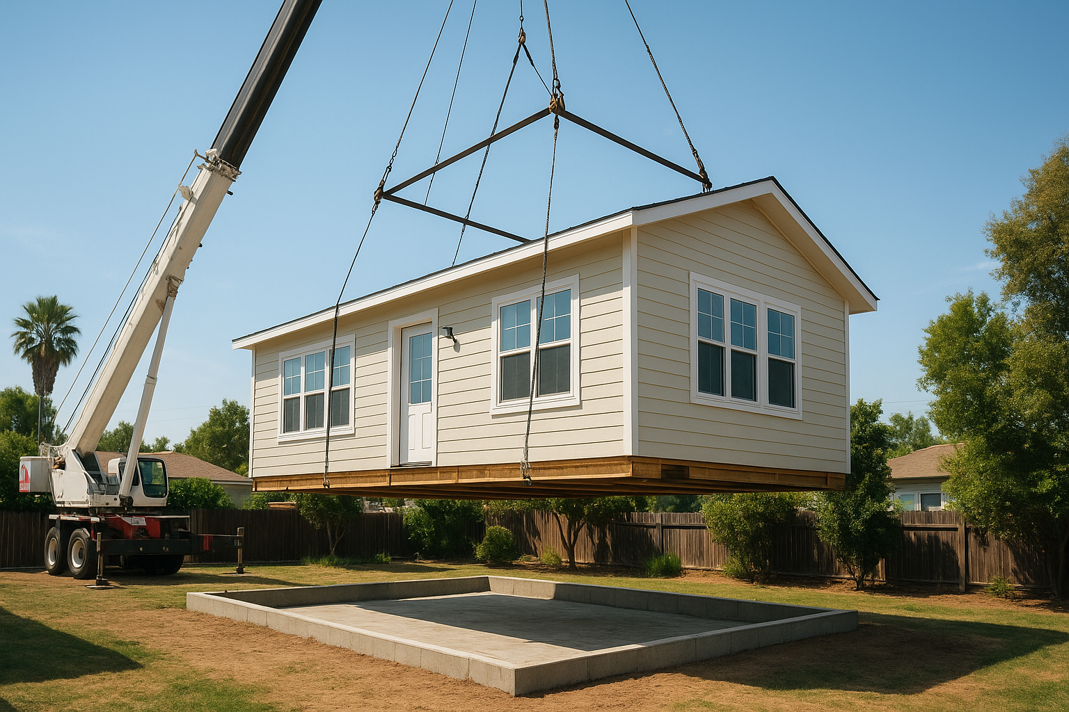 Crane installing a factory built ADU module onto a residential foundation