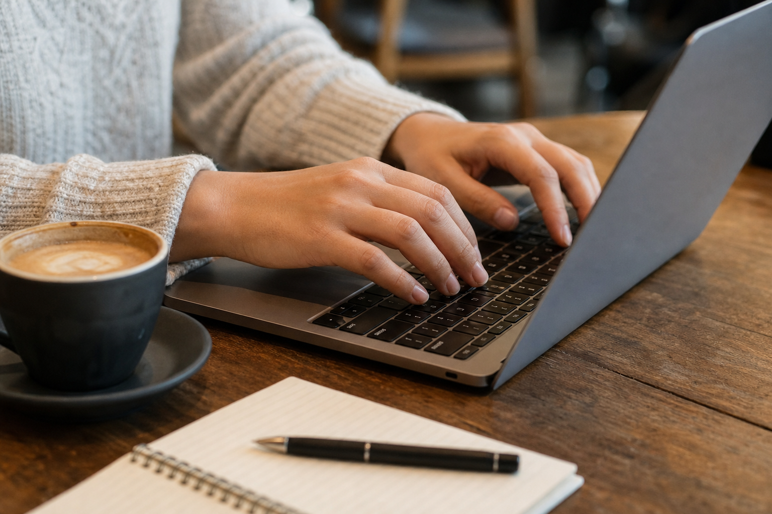Close-up of hands typing while using an AI workspace that retains conversation history
