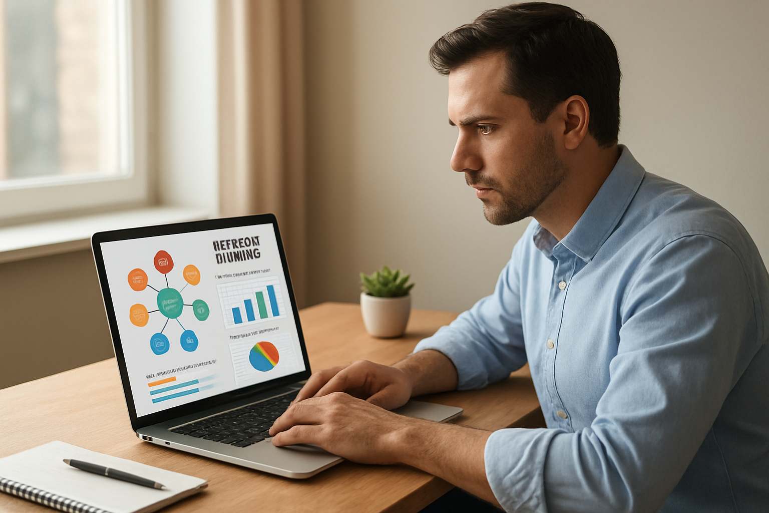 SEO professional conducting AI keyword research and mapping search intent clusters on a laptop