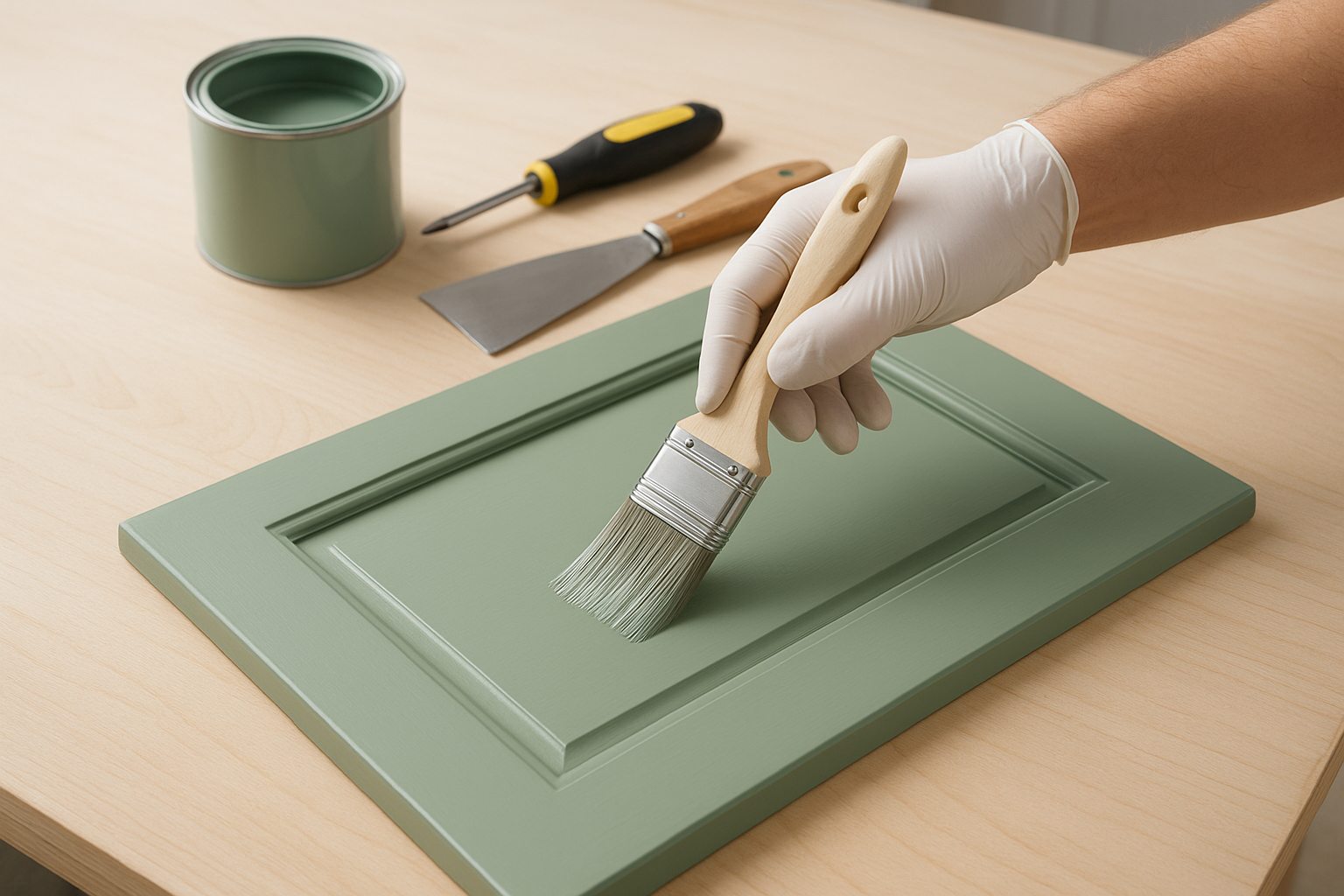 Applying low-VOC finish to a cabinet door as part of a sustainable kitchen cabinet upgrade