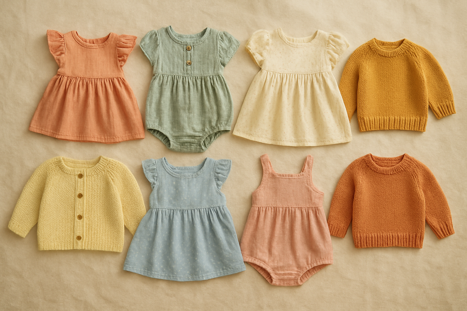 Fashionable baby clothing rental outfits arranged in a flat-lay on a cream linen surface