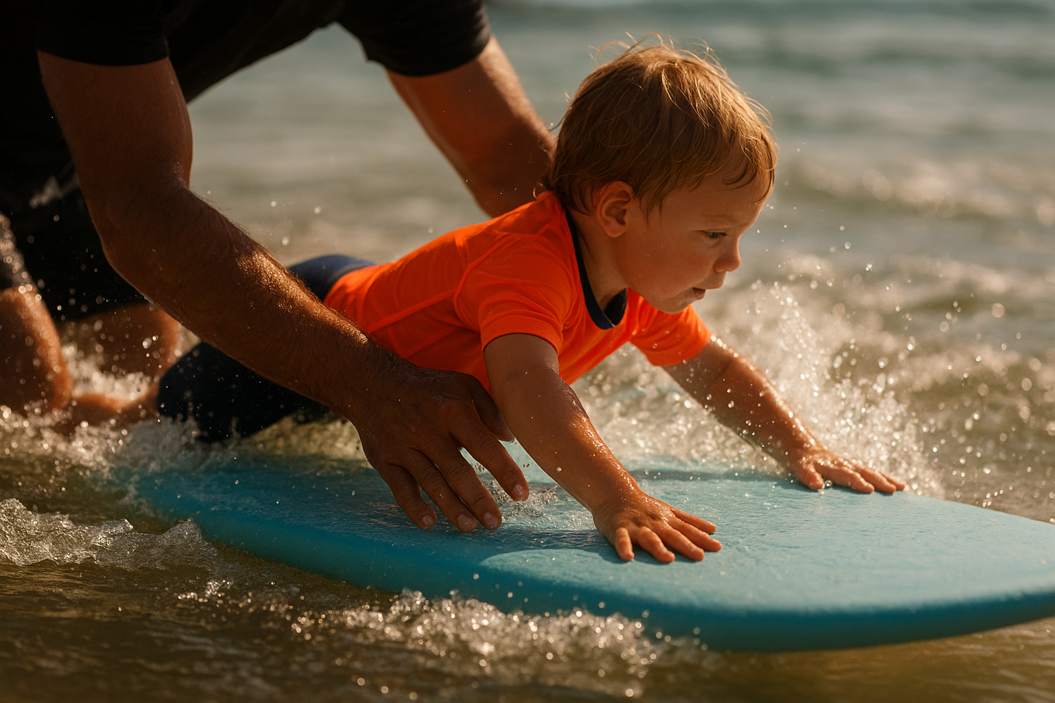 Surf instructor helping young child paddle during a Waikiki beach lesson